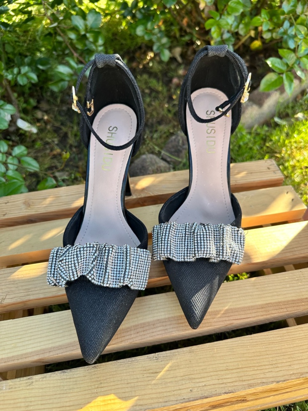 Elegant Black Rhinestone Stiletto Heels - Size 7